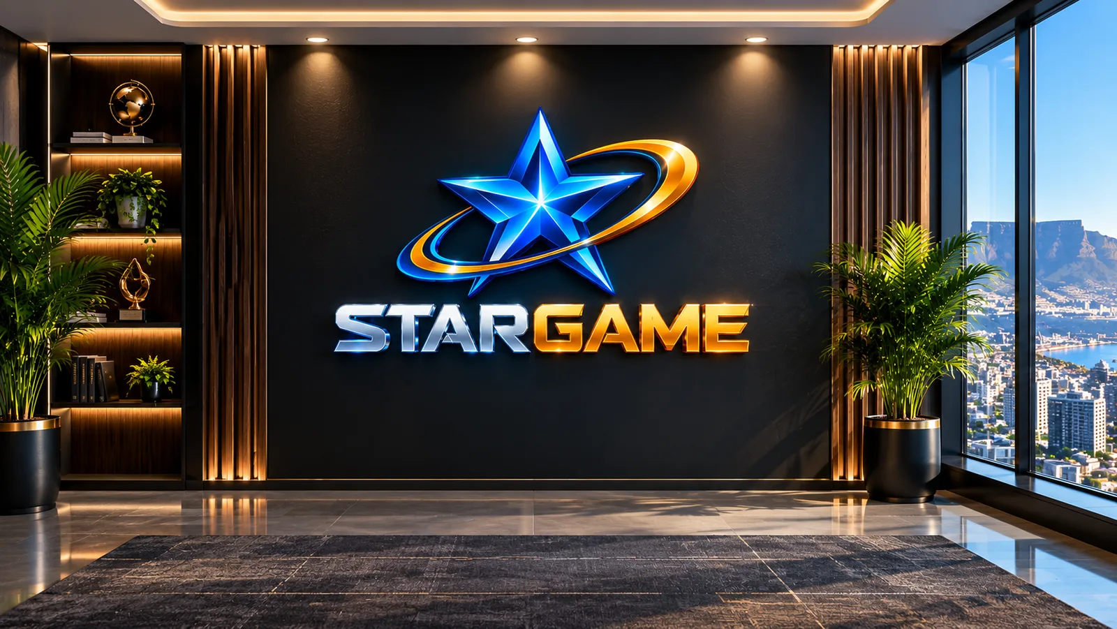 The StarGame reception, with the company mark on the wall and Table Mountain beyond the window